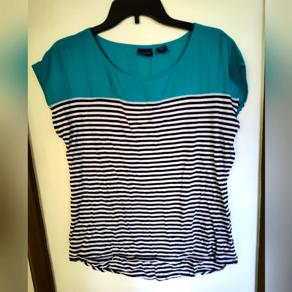 Westbound Ladies Top, turquoise with black and white stripes, l